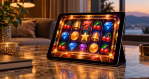 Oito estreias agitam a classificação europeia de slots Tablet exibindo um jogo de caça-níqueis de cassino sobre uma mesa em uma sala aconchegante